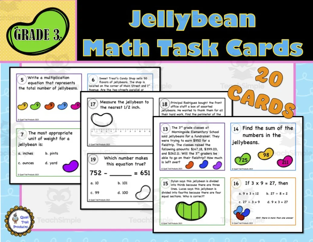 An educational teaching resource from Quail Trail Products entitled Grade 3 Jellybean Math Task Cards downloadable at Teach Simple.