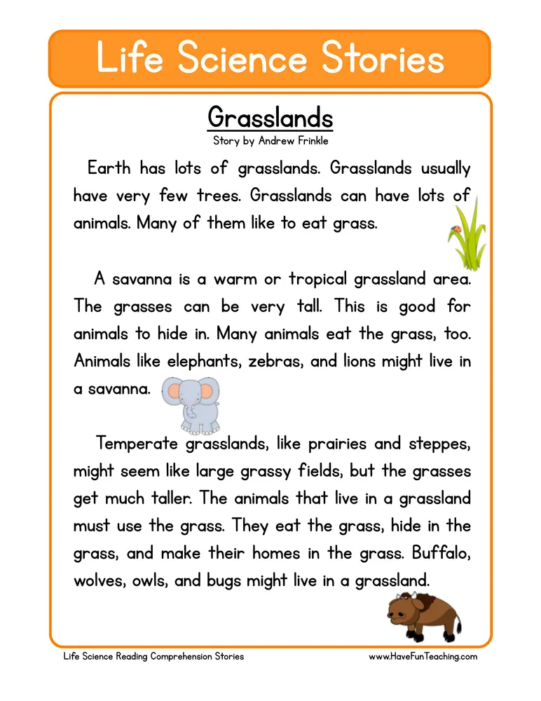 An educational teaching resource from Have Fun Teaching entitled Grasslands Life Science Reading Comprehension Worksheet downloadable at Teach Simple.