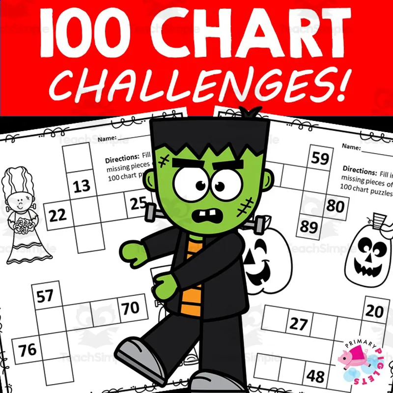 An educational teaching resource from PRIMARY PIGLETS entitled HALLOWEEN 100s CHART WORKSHEETS BLANK, FILL IN, MISSING NUMBERS downloadable at Teach Simple.