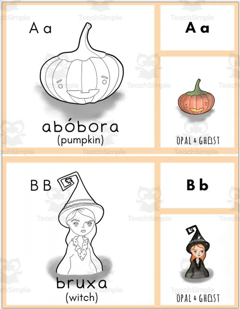 An educational teaching resource from Christine Dias entitled Halloween Coloring Fun - Coloring in Portuguese and English (Letra A e B) downloadable at Teach Simple.