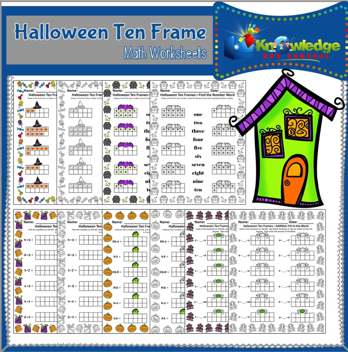 An educational teaching resource from Knowledge Box Central entitled Halloween Ten Frame Math Worksheets - EBOOK downloadable at Teach Simple.