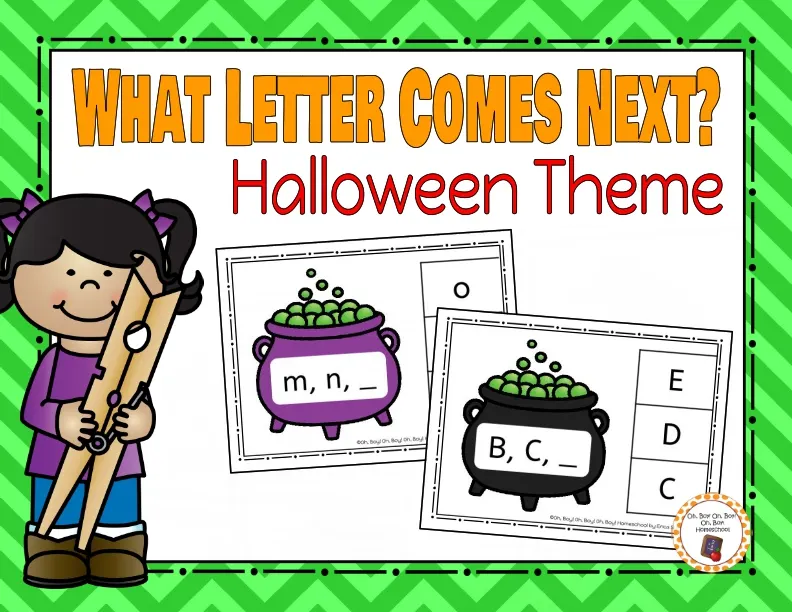 An educational teaching resource from Oh Boy Homeschool entitled Halloween: What letter comes next? downloadable at Teach Simple.