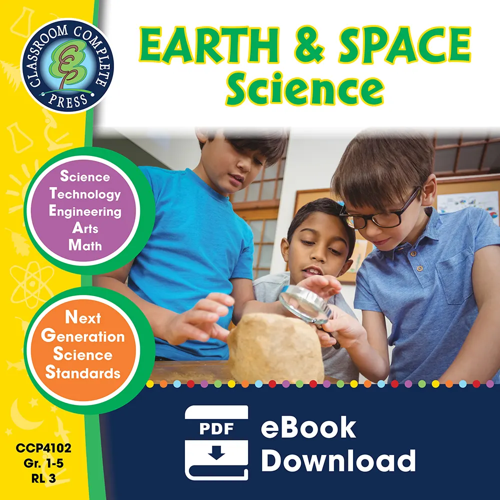 An educational teaching resource from Classroom Complete Press entitled Hands-On STEAM - Earth & Space Science Gr. 1-5 downloadable at Teach Simple.
