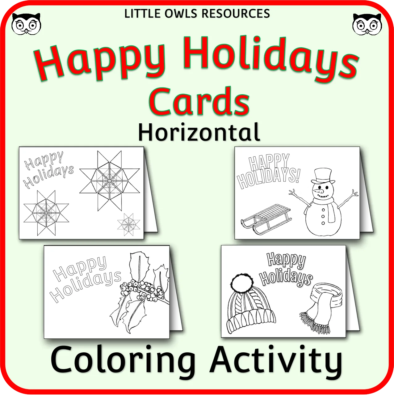 An educational teaching resource from Little Owls Resources entitled Happy Holidays Cards - Horizontal downloadable at Teach Simple.