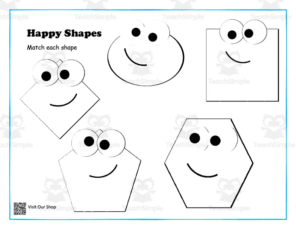 An educational teaching resource from KD's PreSchool Shop entitled Happy Shapes Worksheet downloadable at Teach Simple.