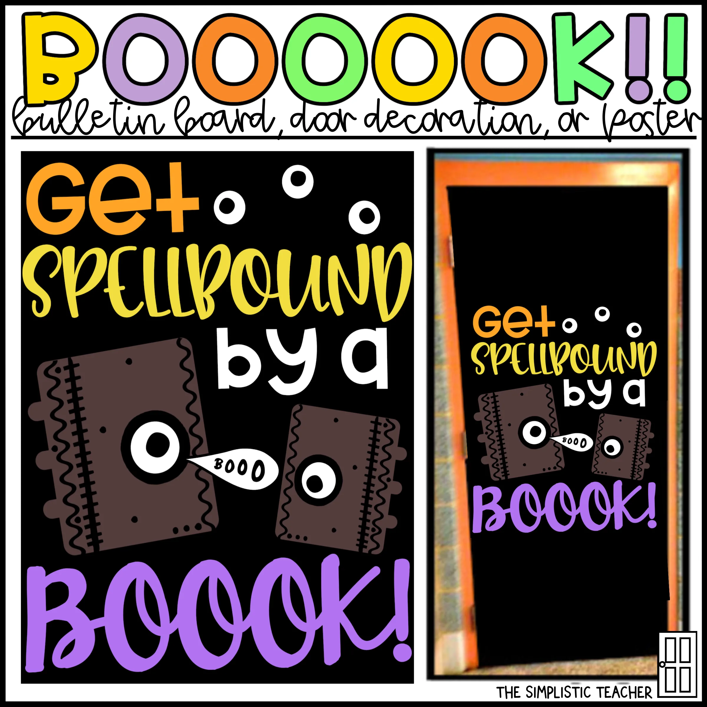 An educational teaching resource from The Simplistic Teacher entitled "Hocus Pocus" Boook! Fall Reading Bulletin Board Kit, Door Decoration Set, or Poster downloadable at Teach Simple.