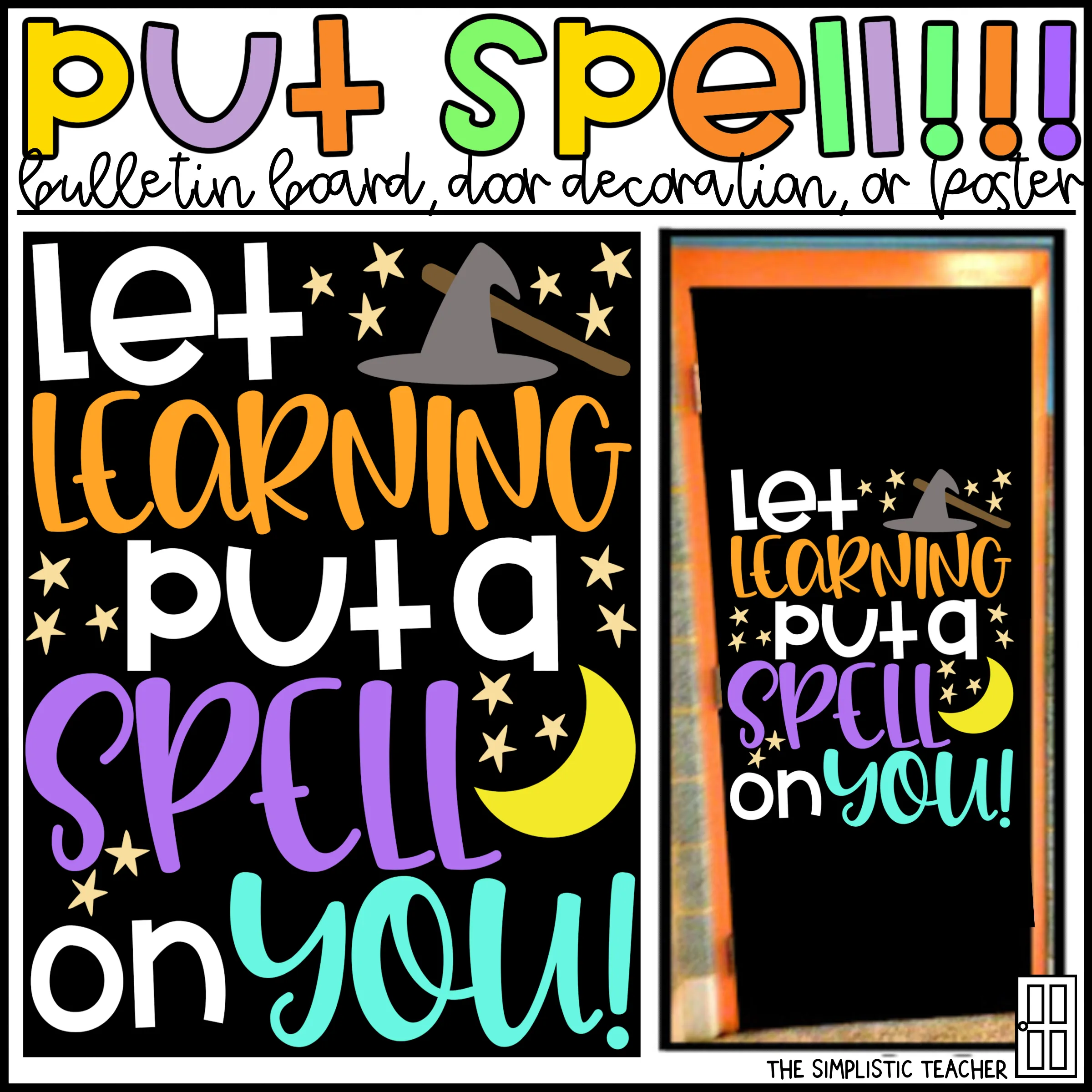 An educational teaching resource from The Simplistic Teacher entitled "Hocus Pocus" Put a Spell on You Fall Bulletin Board Kit, Door Decoration Set, or Poster downloadable at Teach Simple.