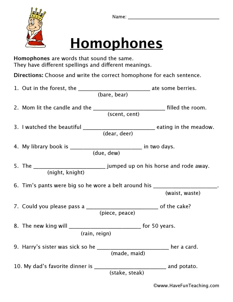 An educational teaching resource from Have Fun Teaching entitled Homophones Fill in the Blank Worksheet downloadable at Teach Simple.