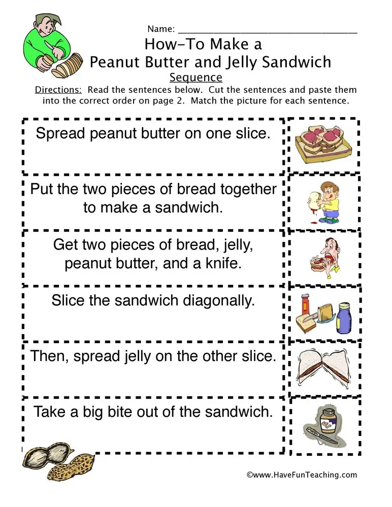 An educational teaching resource from Have Fun Teaching entitled How to Peanut Butter Jelly Sandwich Sequence Worksheet downloadable at Teach Simple.