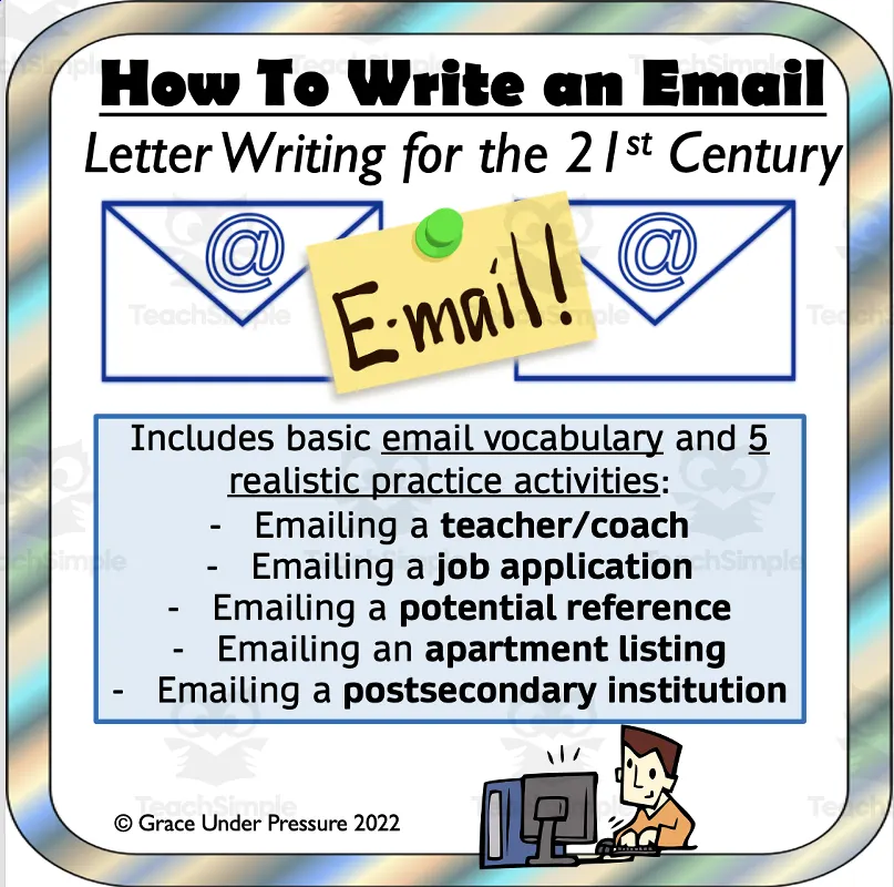 An educational teaching resource from Grace Under Pressure entitled How to Write an Email Bundle: Vocabulary Handout and 5 Sample Scenarios downloadable at Teach Simple.