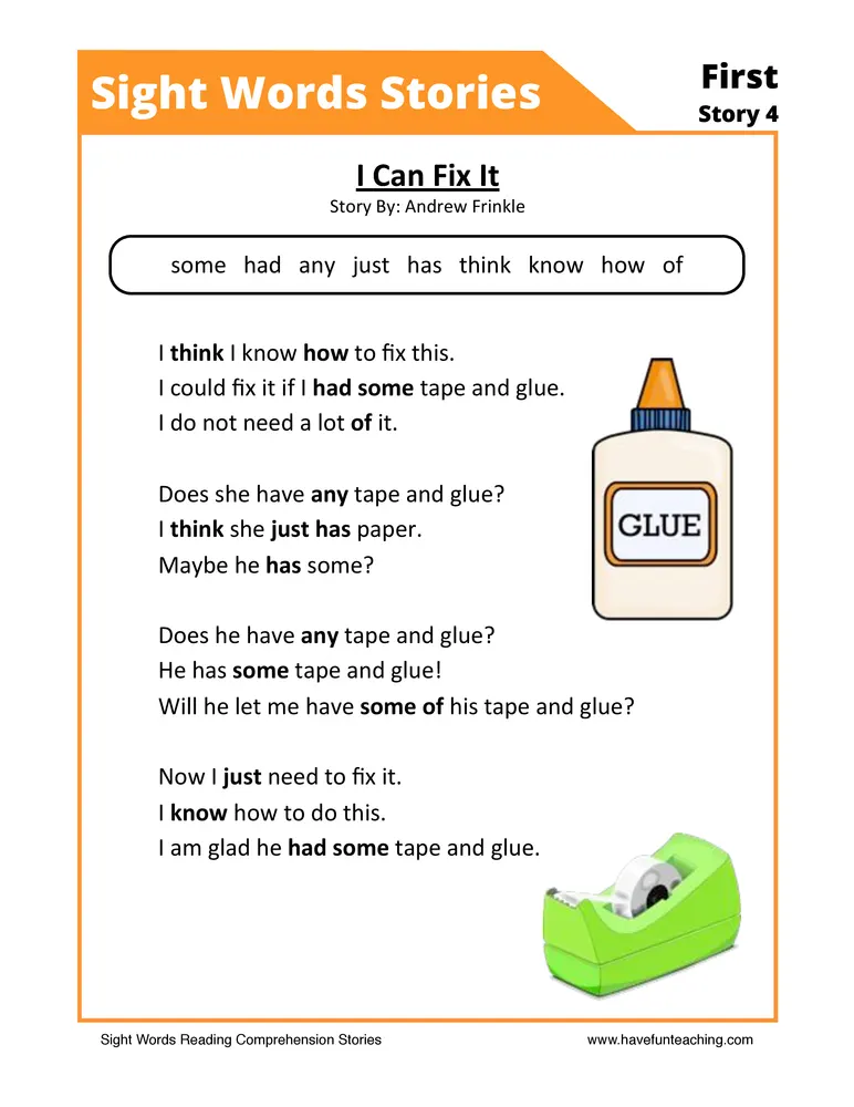 An educational teaching resource from Have Fun Teaching entitled I Can Fix It First Sight Words Reading Comprehension Worksheet downloadable at Teach Simple.
