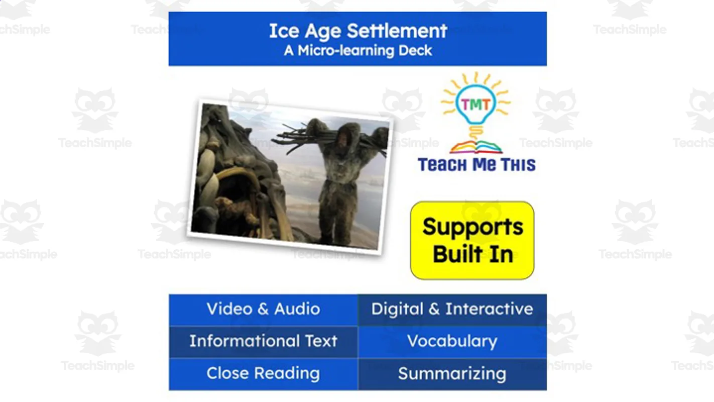 An educational teaching resource from Teach Me This entitled Ice Age Settlement | Reading Comprehension Deck | Interactive Lesson downloadable at Teach Simple.