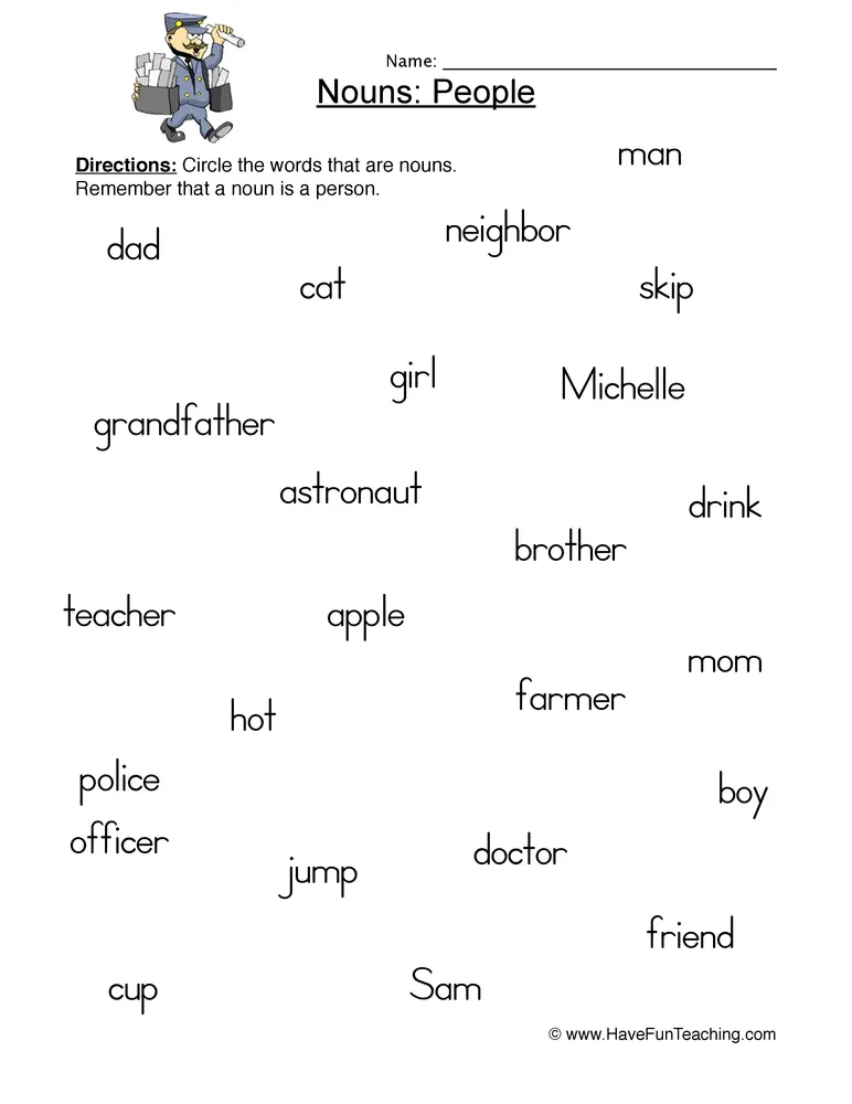 Identifying People Nouns Worksheet by Teach Simple