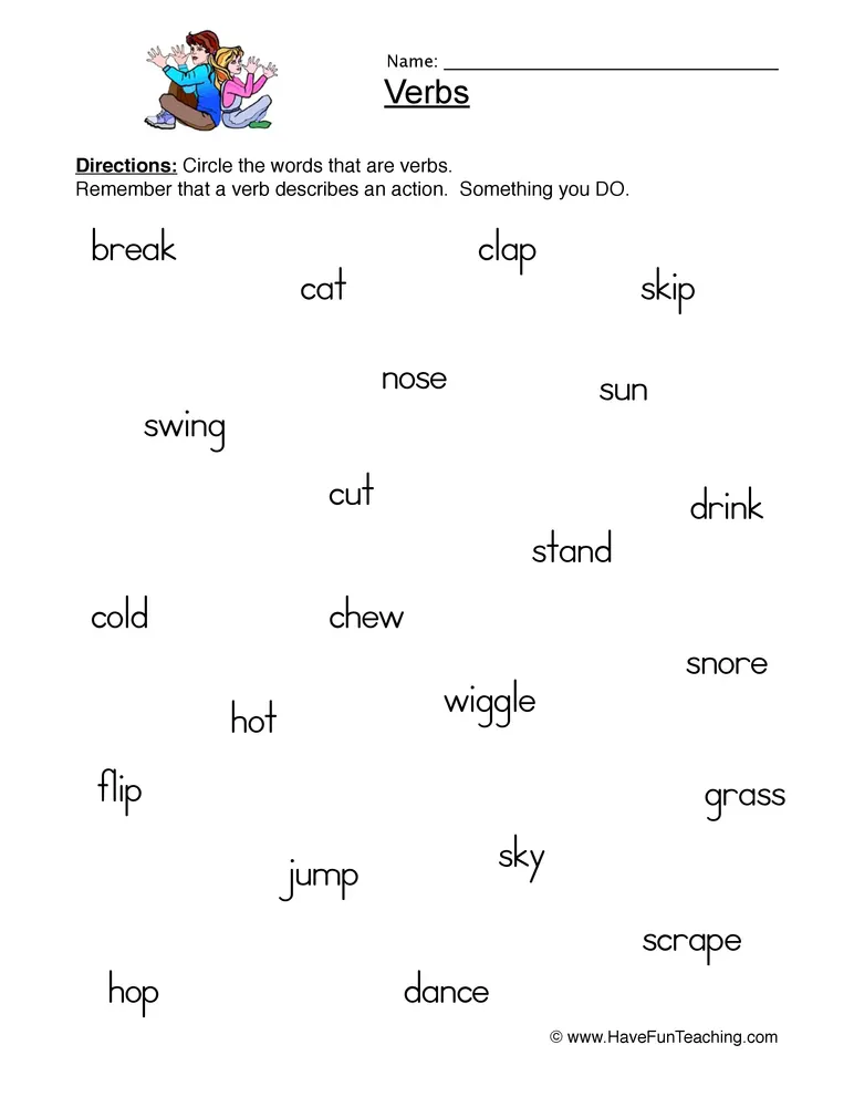 An educational teaching resource from Have Fun Teaching entitled Identifying Verbs Worksheet downloadable at Teach Simple.