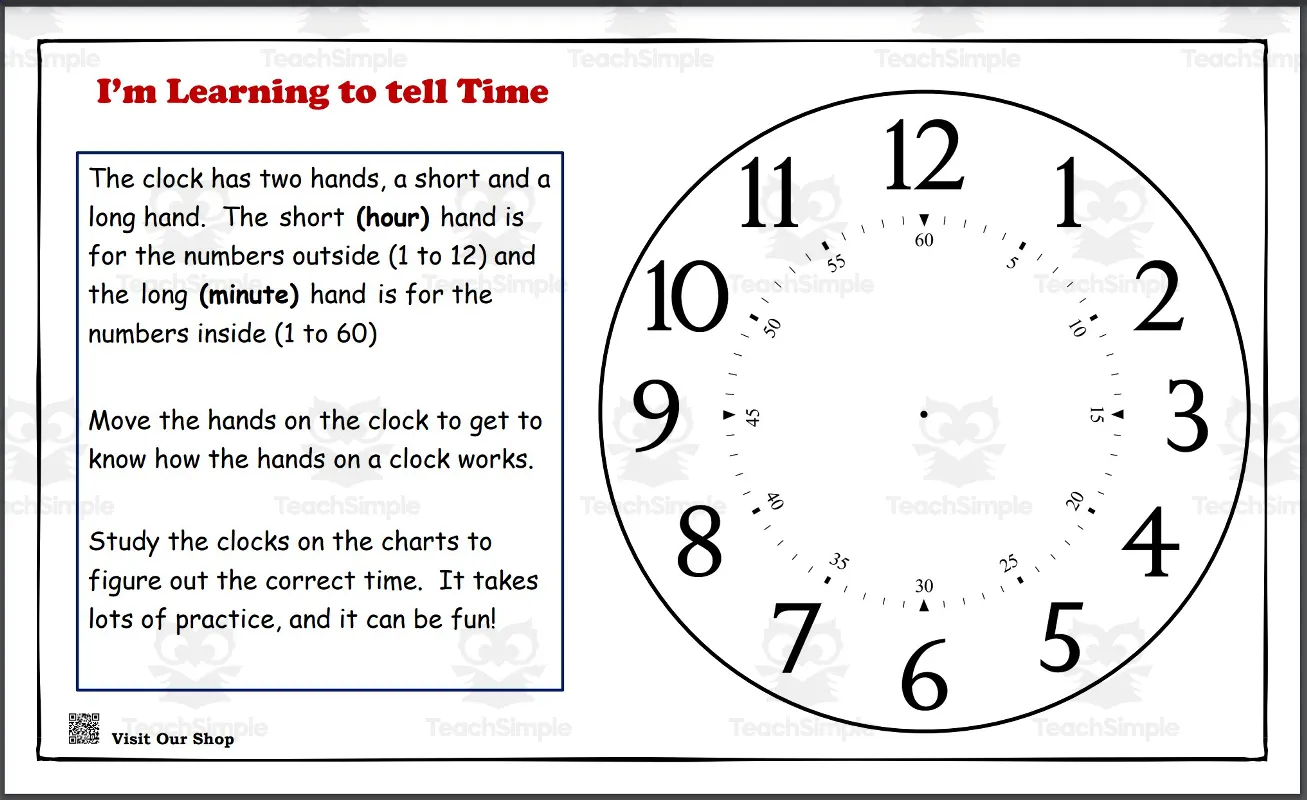 An educational teaching resource from KD's PreSchool Shop entitled I’m Learning to tell Time Preschool ● Kinder ●1st Grade ● Homeschool Activity Set downloadable at Teach Simple.