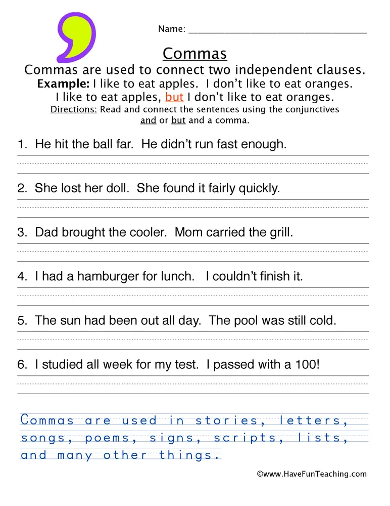 Independent Clauses Comma Worksheet By Teach Simple 6386
