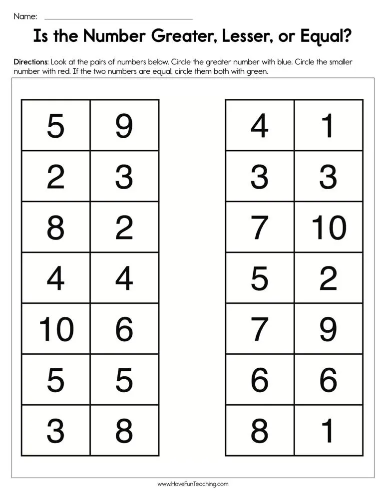 Is the Number Greater Lesser or Equal Worksheet by Teach Simple