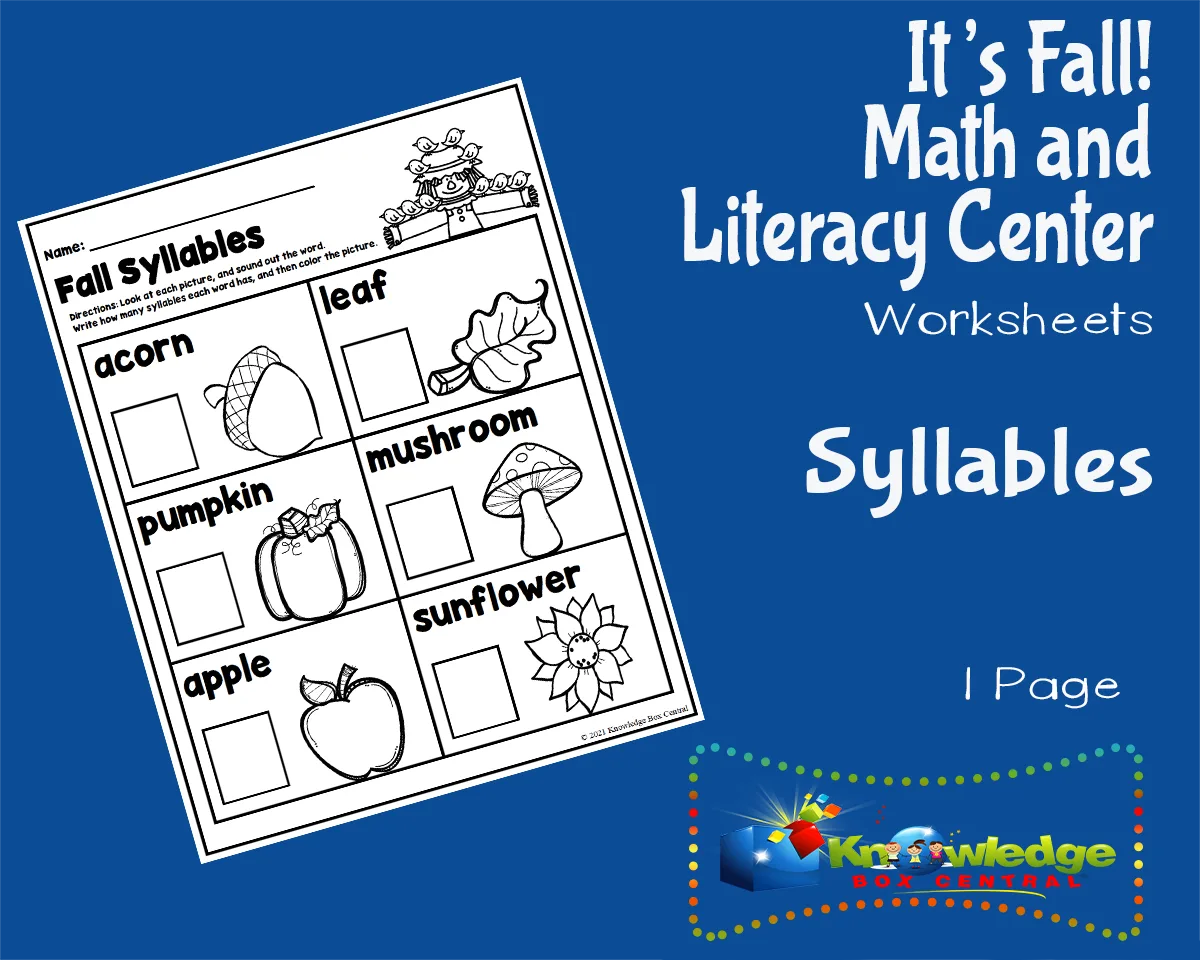 An educational teaching resource from Knowledge Box Central entitled It's Fall! Kindergarten Math & Literacy Center: Syllables downloadable at Teach Simple.