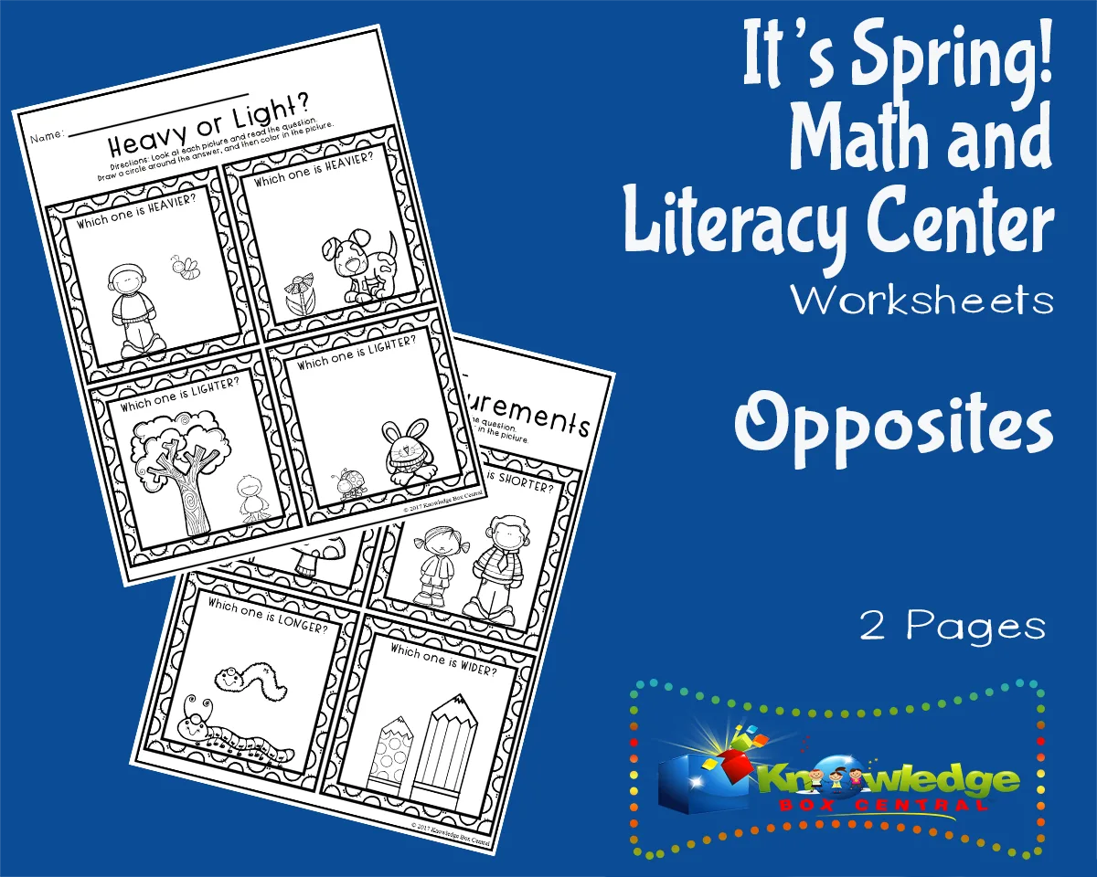 An educational teaching resource from Knowledge Box Central entitled It's Spring! Kindergarten Math & Literacy Center: Opposites downloadable at Teach Simple.