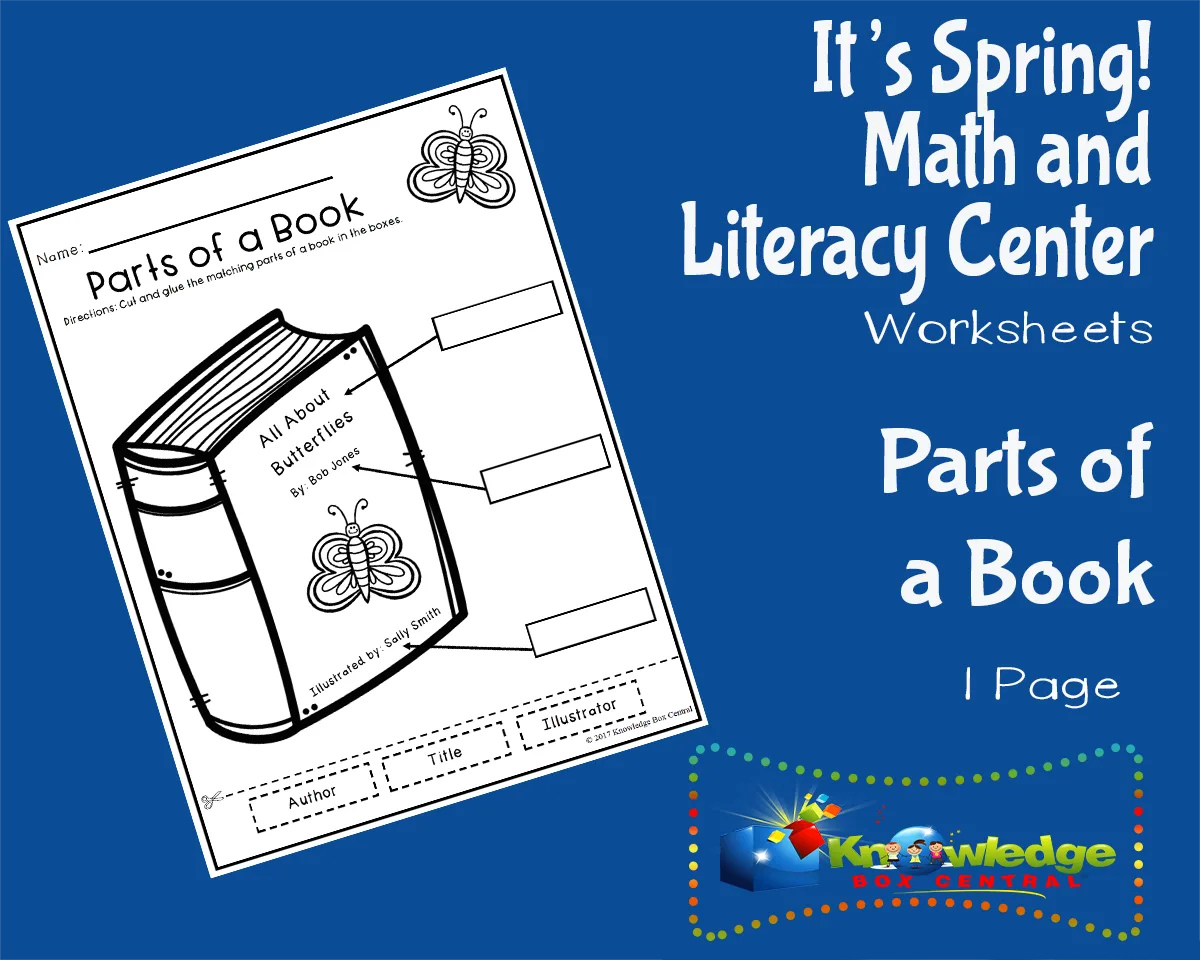 An educational teaching resource from Knowledge Box Central entitled It's Spring! Kindergarten Math & Literacy Center: Parts of a Book downloadable at Teach Simple.