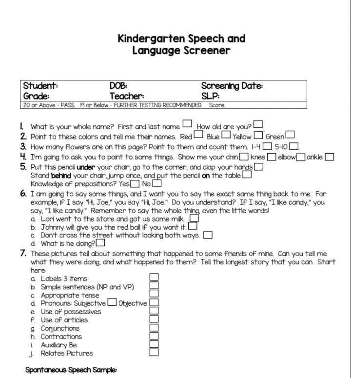 Kindergarten Speech and Language Screener by Teach Simple