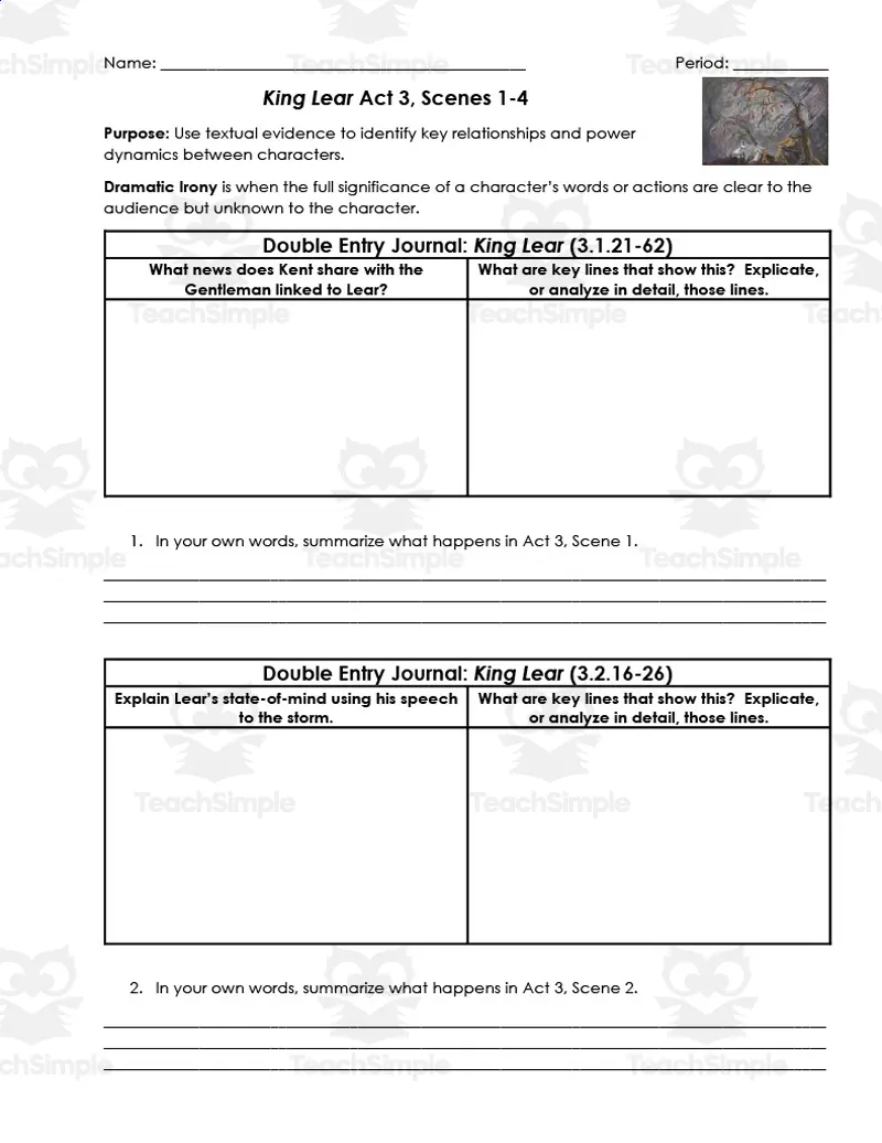 An educational teaching resource from ELA Resources entitled King Lear Act 3, Scenes 1-4 | Double Entry Journals downloadable at Teach Simple.