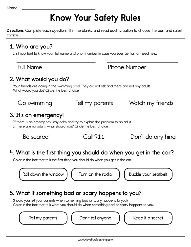 An educational teaching resource from Have Fun Teaching entitled Know Your Safety Rules Worksheet downloadable at Teach Simple.