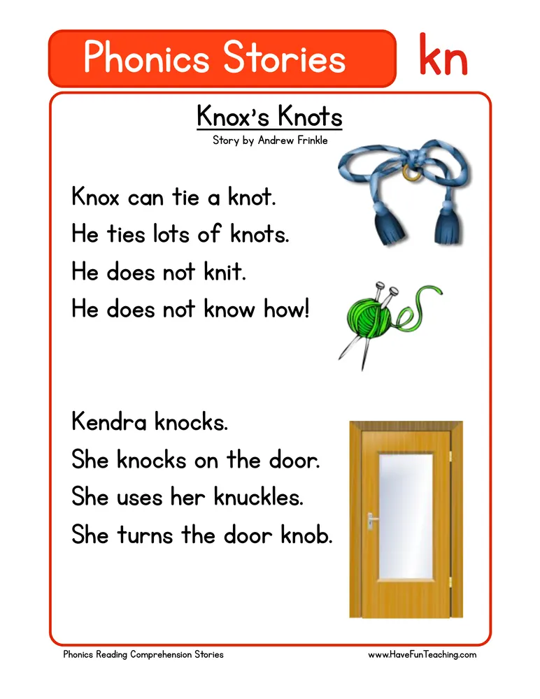 Knox's Knots KN Phonics Stories Reading Comprehension Worksheet by