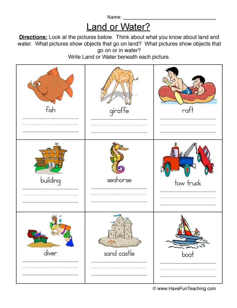 An educational teaching resource from Have Fun Teaching entitled Land and Water Worksheet downloadable at Teach Simple.