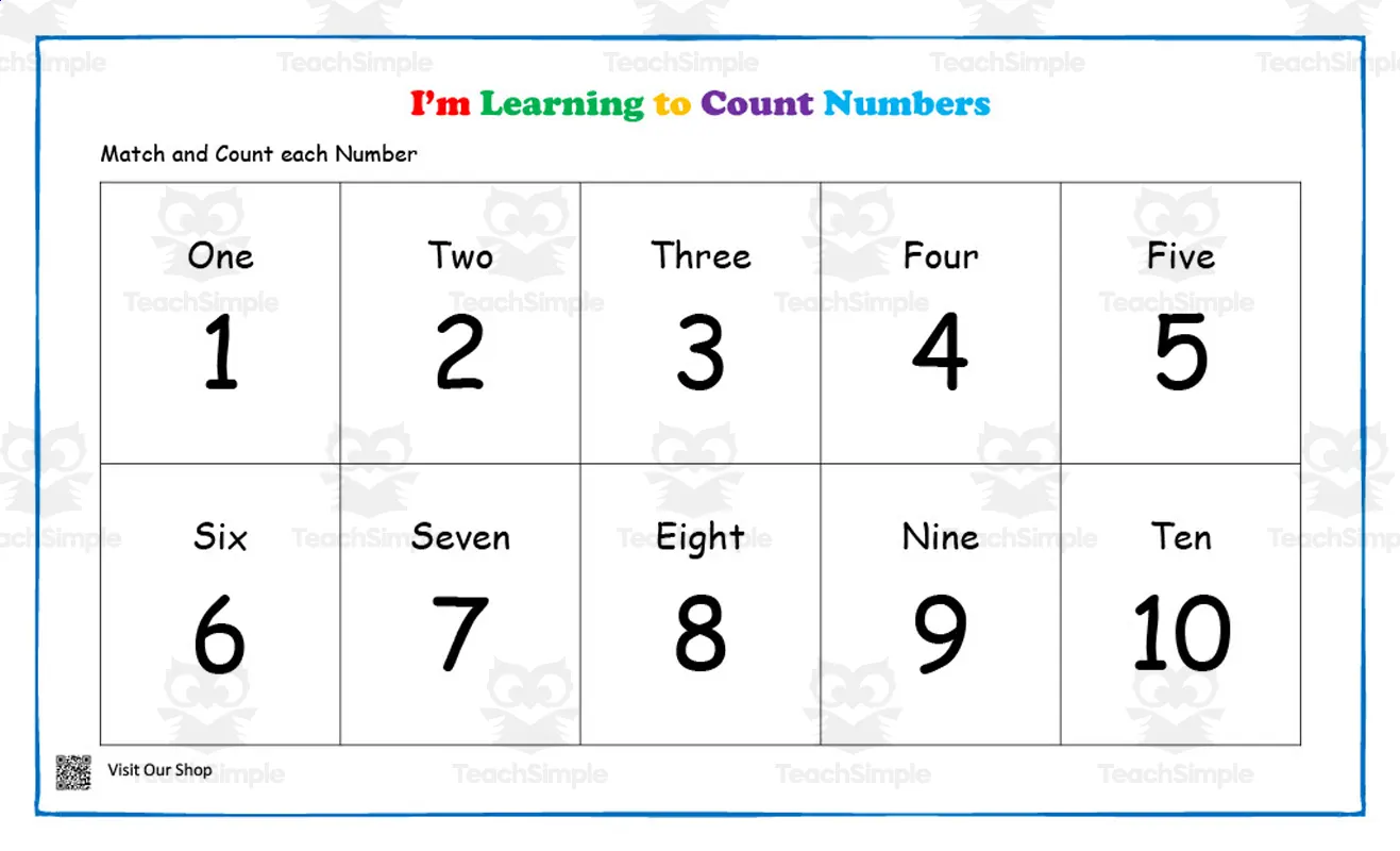 An educational teaching resource from KD's PreSchool Shop entitled Learning to Count Numbers Worksheet downloadable at Teach Simple.