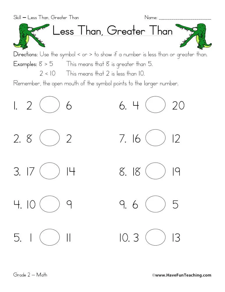 An educational teaching resource from Have Fun Teaching entitled Less Than Greater Than Worksheet downloadable at Teach Simple.