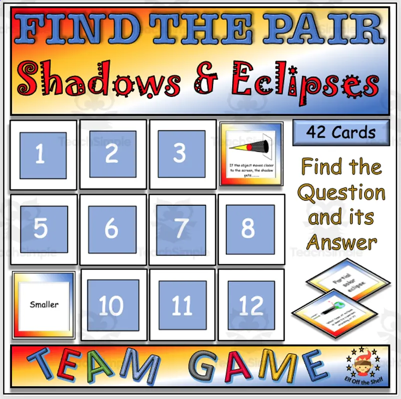 An educational teaching resource from Elf off the Shelf Resources entitled Light - Shadows and Lunar and Solar Eclipses Find the Pair Game for Middle School downloadable at Teach Simple.