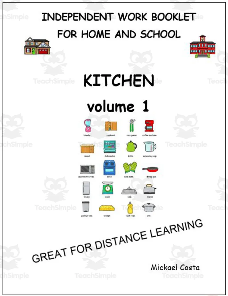 An educational teaching resource from Learn it ANY way entitled Literacy worksheets: Kitchen, vol 1 downloadable at Teach Simple.