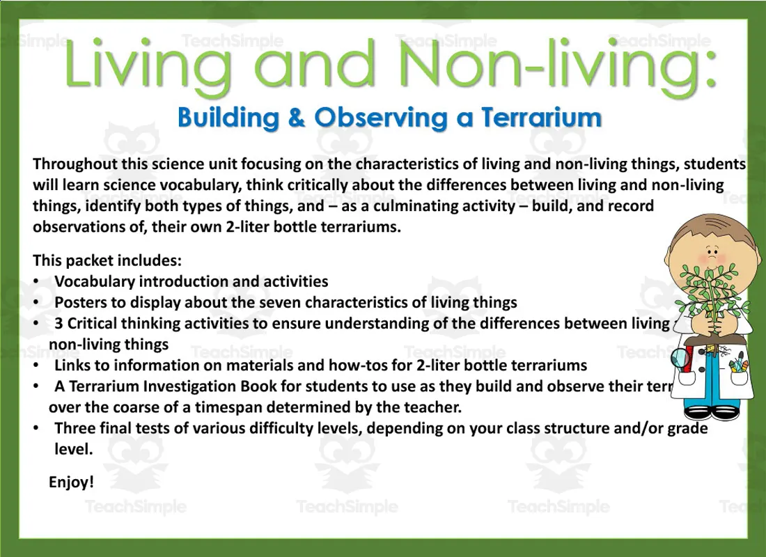 An educational teaching resource from At the Core entitled Living & Non-living Terrarium Packet downloadable at Teach Simple.