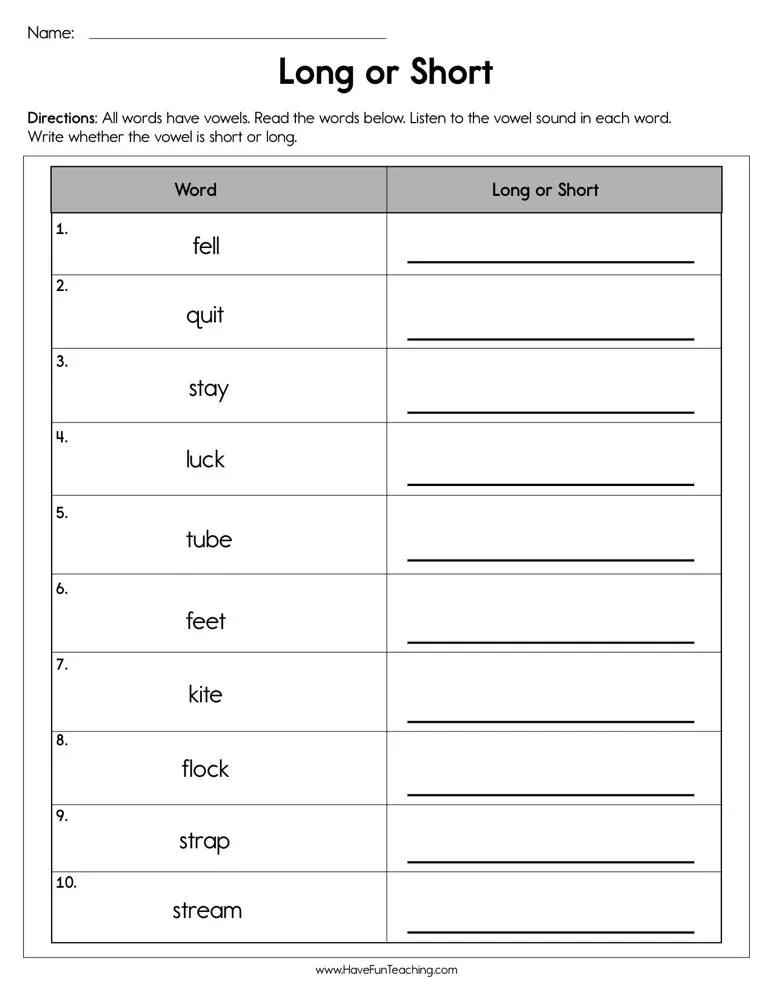 An educational teaching resource from Have Fun Teaching entitled Long or Short Worksheet downloadable at Teach Simple.