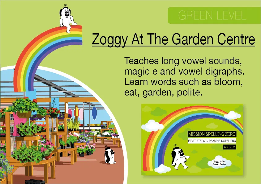 An educational teaching resource from Guinea Pig Education entitled Long Vowel Sounds, Magic E And Vowel Digraphs: Zoggy At The Garden Centre downloadable at Teach Simple.