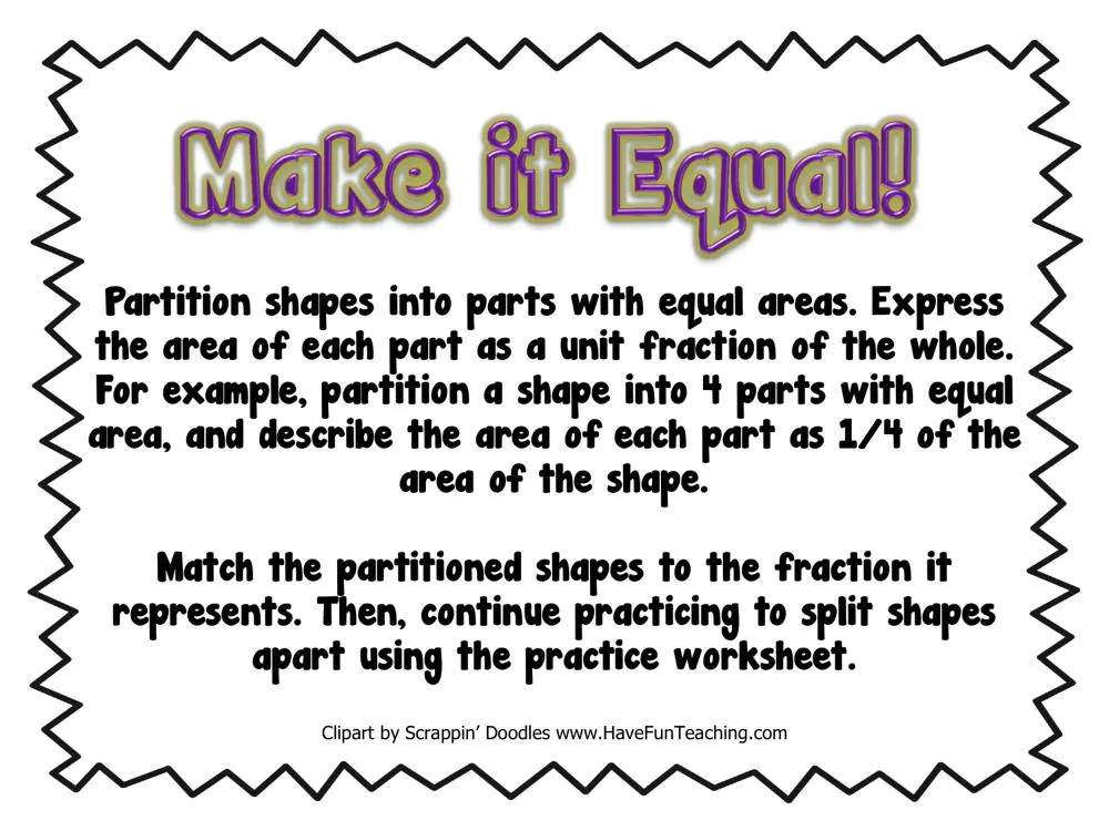 An educational teaching resource from Have Fun Teaching entitled Make it Equal Partitioning Shapes Activity downloadable at Teach Simple.