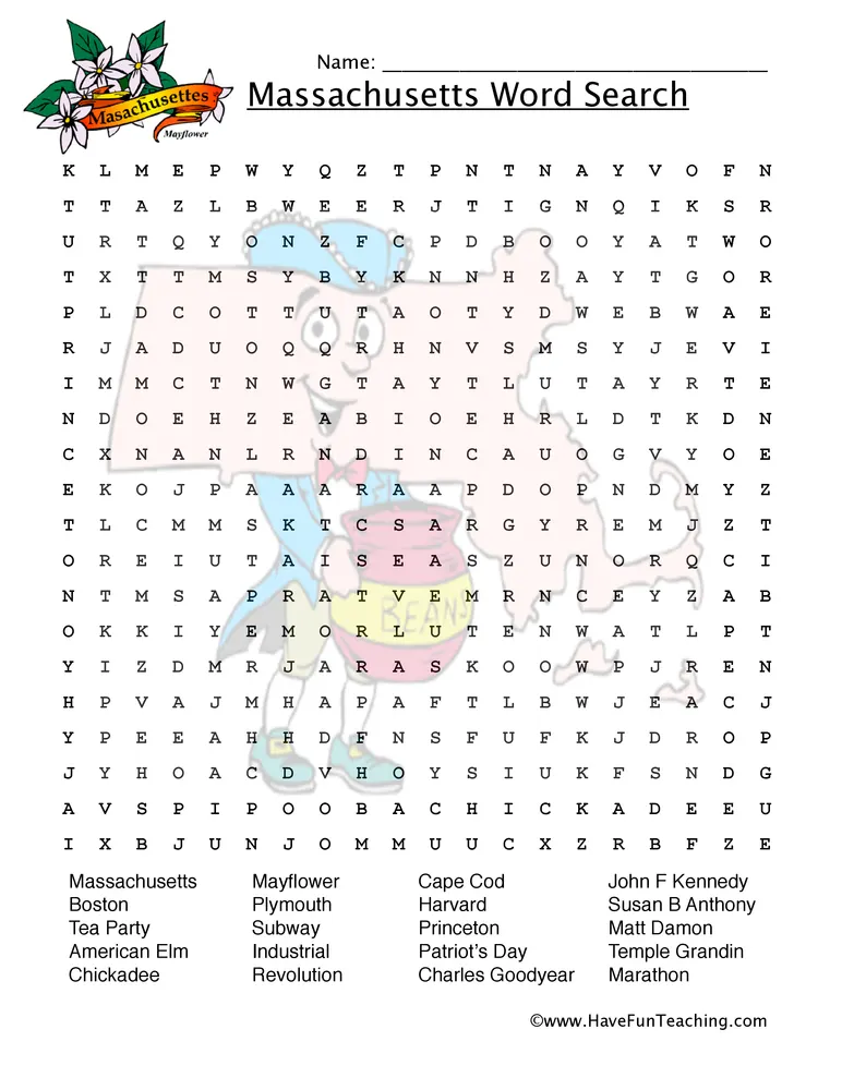 An educational teaching resource from Have Fun Teaching entitled Massachusetts Word Search Worksheet downloadable at Teach Simple.