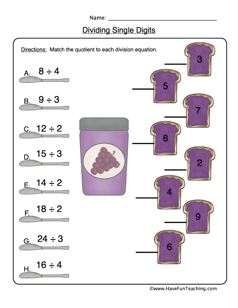 An educational teaching resource from Have Fun Teaching entitled Matching Division Worksheet downloadable at Teach Simple.