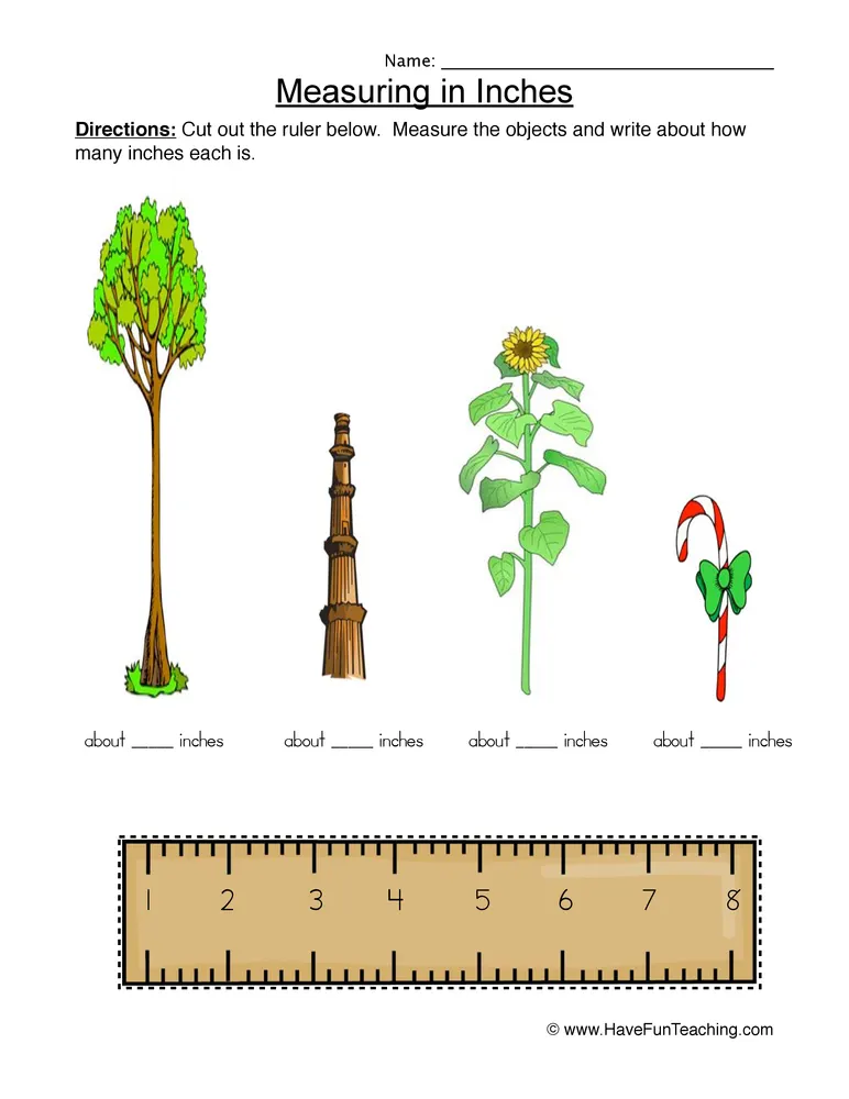 An educational teaching resource from Have Fun Teaching entitled Measuring Length in Inches Worksheet downloadable at Teach Simple.