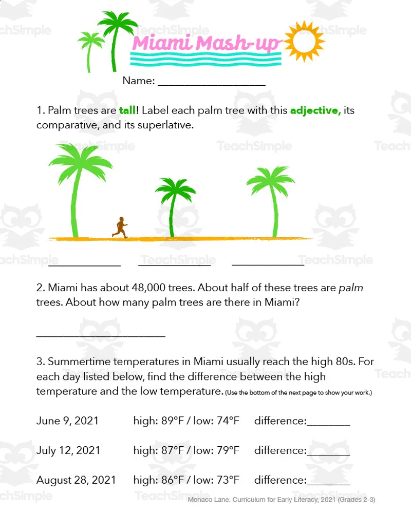 An educational teaching resource from Monaco Lane Curriculum for Early Literacy entitled Miami Themed Cross-Curricular Activity Sheet downloadable at Teach Simple.