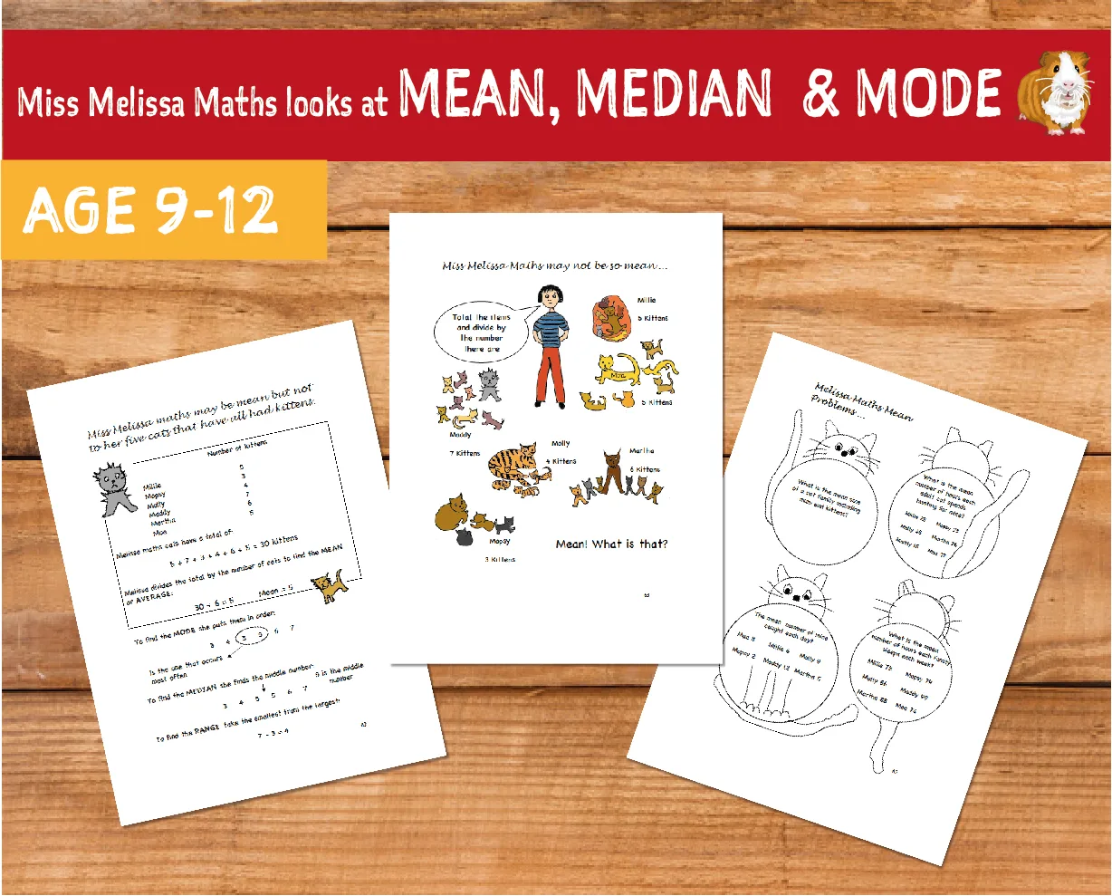 An educational teaching resource from Guinea Pig Education entitled Miss Melissa Maths Looks At Mean, Median And Mode (9-12 years) downloadable at Teach Simple.