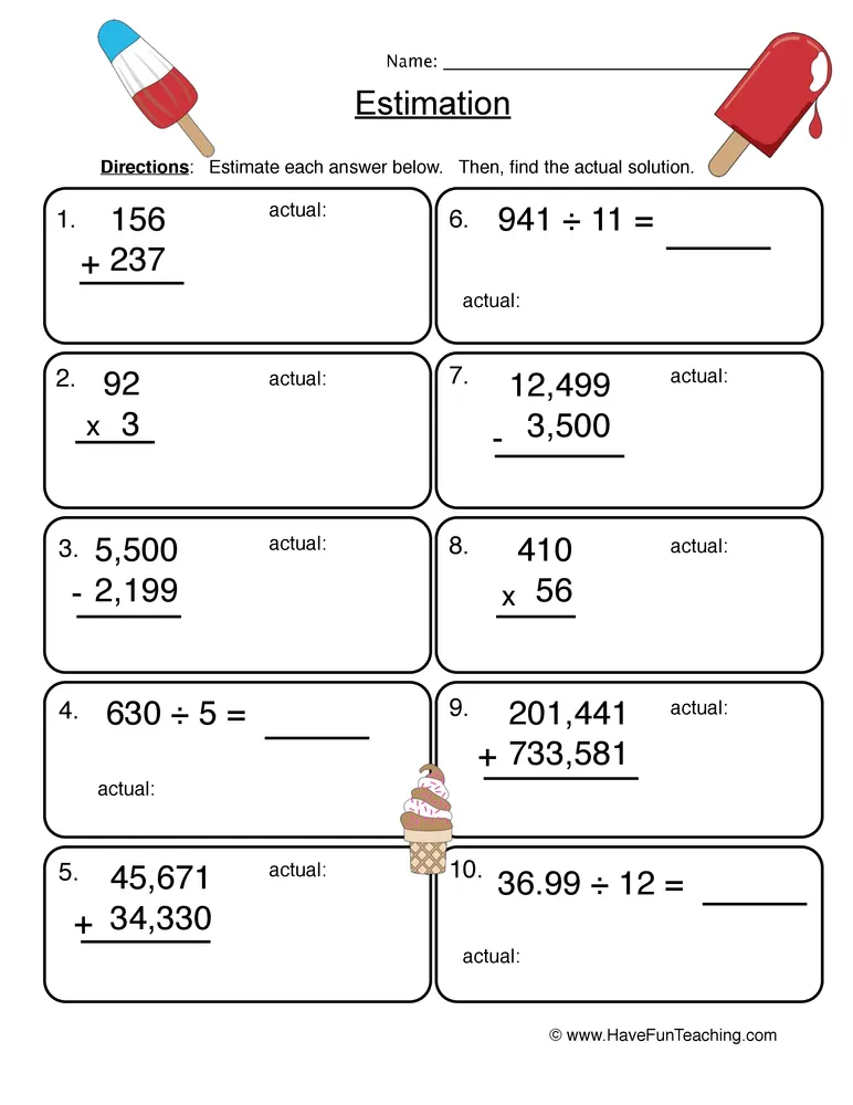 An educational teaching resource from Have Fun Teaching entitled Mixed Operations Estimation Worksheet downloadable at Teach Simple.
