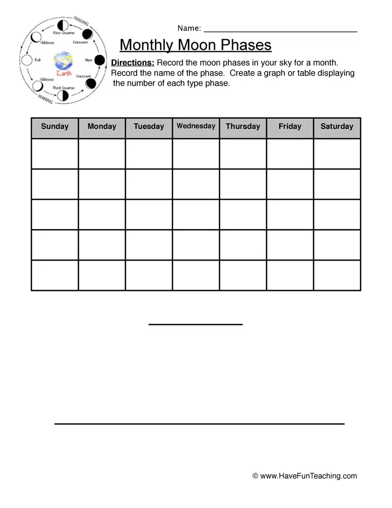 An educational teaching resource from Have Fun Teaching entitled Monthly Moon Phases Worksheet downloadable at Teach Simple.