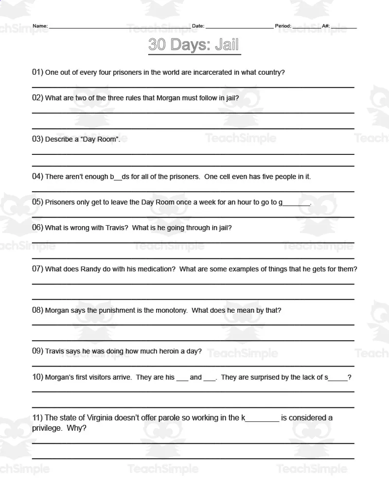 Movie Guide 30 Days Jail Comprehension Questions by Teach Simple