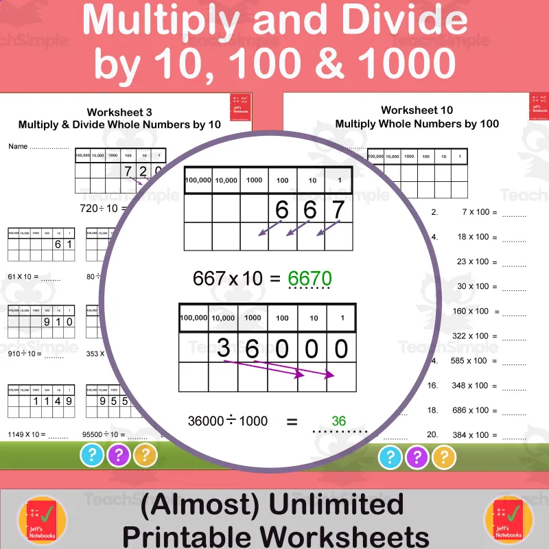 Multiply and Divide Whole Numbers by 10, 100 and 1000 Worksheets by ...