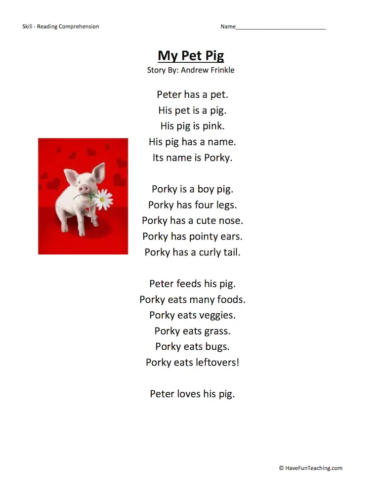 An educational teaching resource from Have Fun Teaching entitled My Pet Pig Reading Comprehension Worksheet downloadable at Teach Simple.