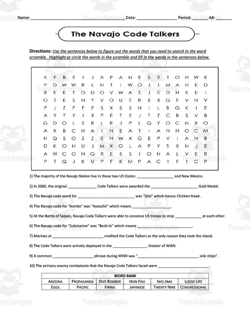 Navajo Code Talkers Fill in the Blank Worksheet by Teach Simple