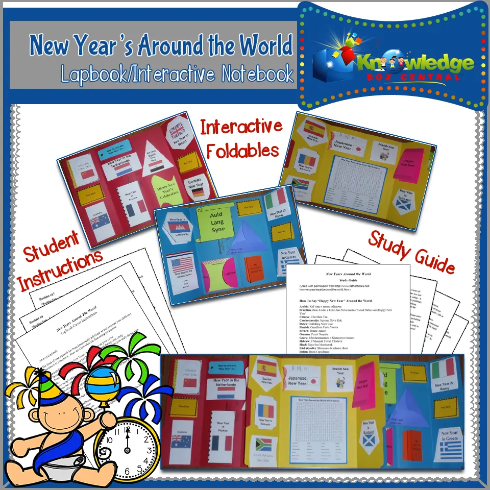 An educational teaching resource from Knowledge Box Central entitled New Year's Around the World Lapbook / Interactive Notebook - EBOOK downloadable at Teach Simple.