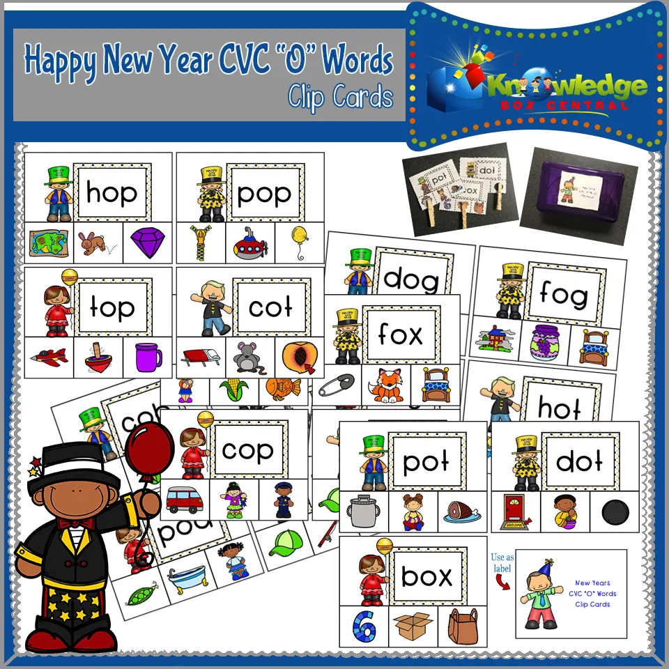 An educational teaching resource from Knowledge Box Central entitled New Year's CVC "O" Words Clip Cards - EBOOK downloadable at Teach Simple.